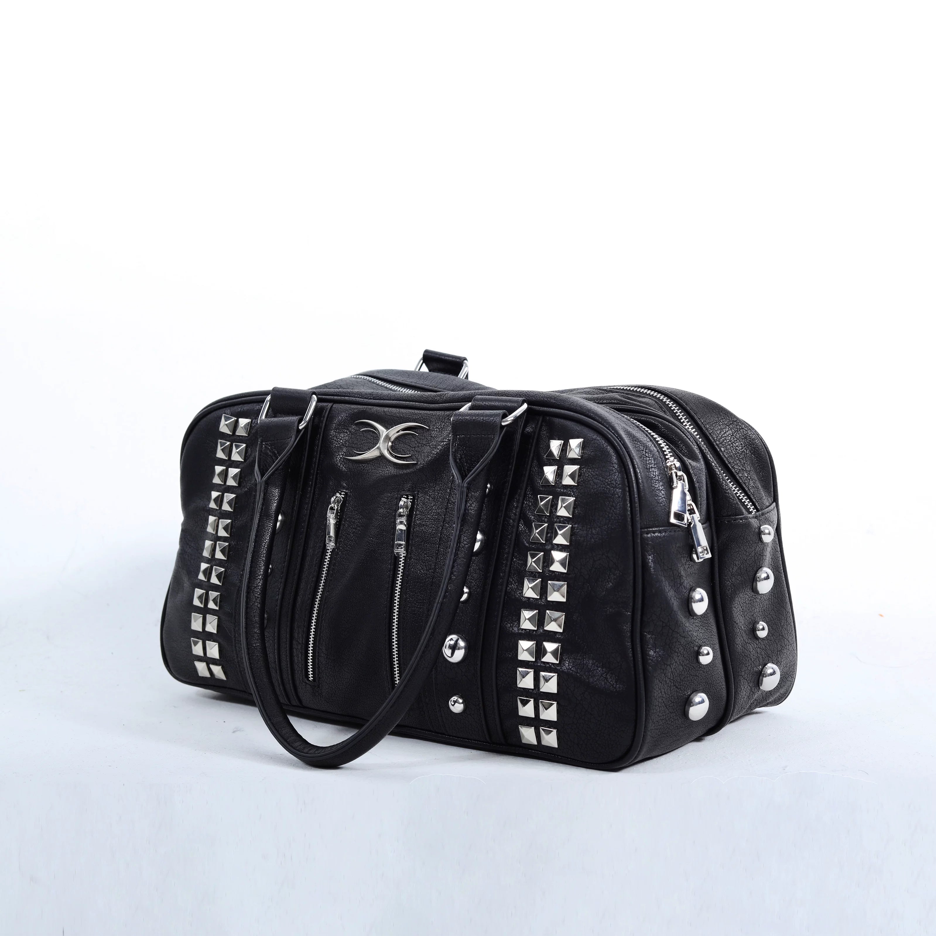 STUDDED ZIPPER LEATHER TOTE BAG