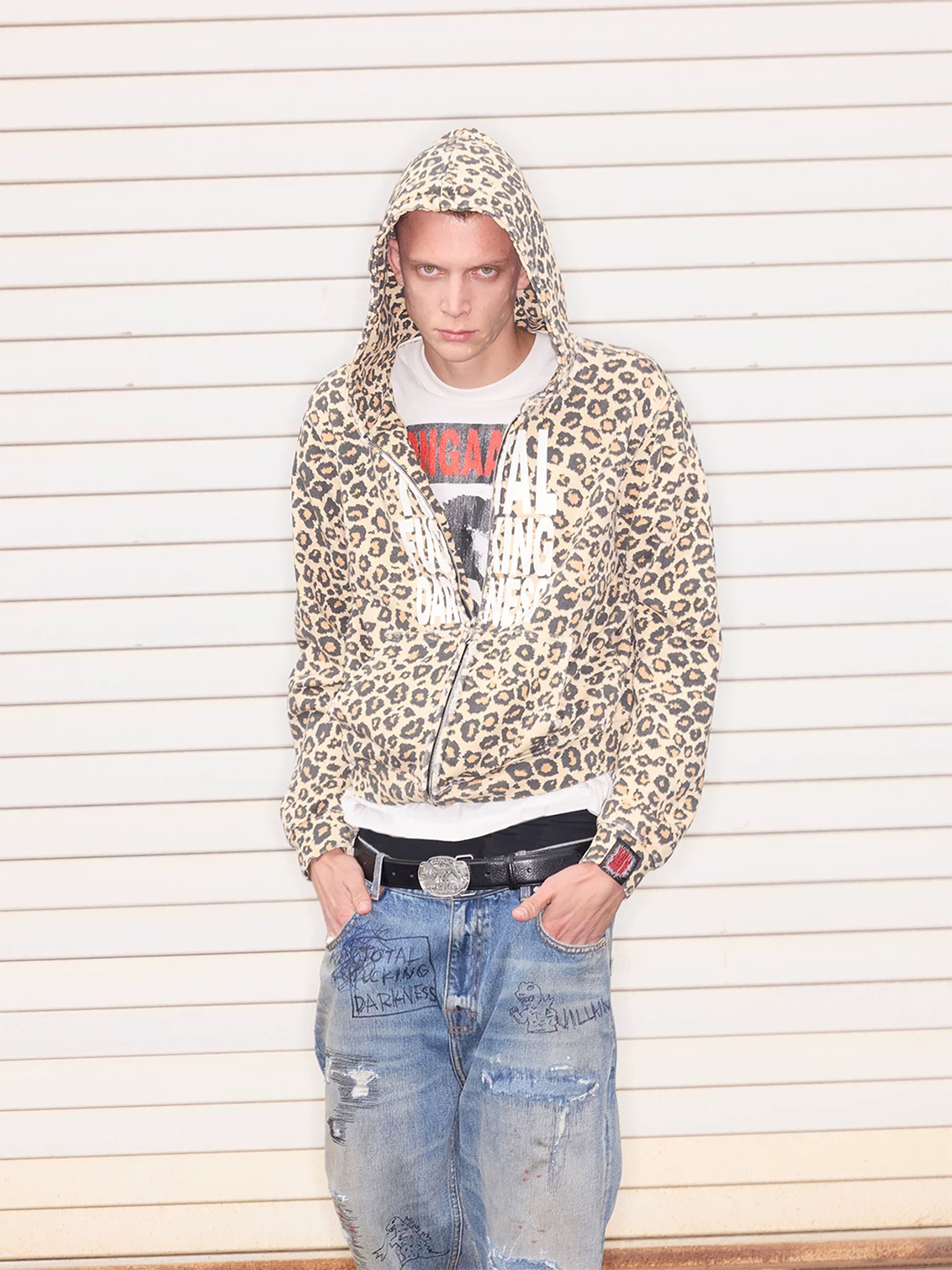 LEOPARD PRINT DISTRESSED HOODIE