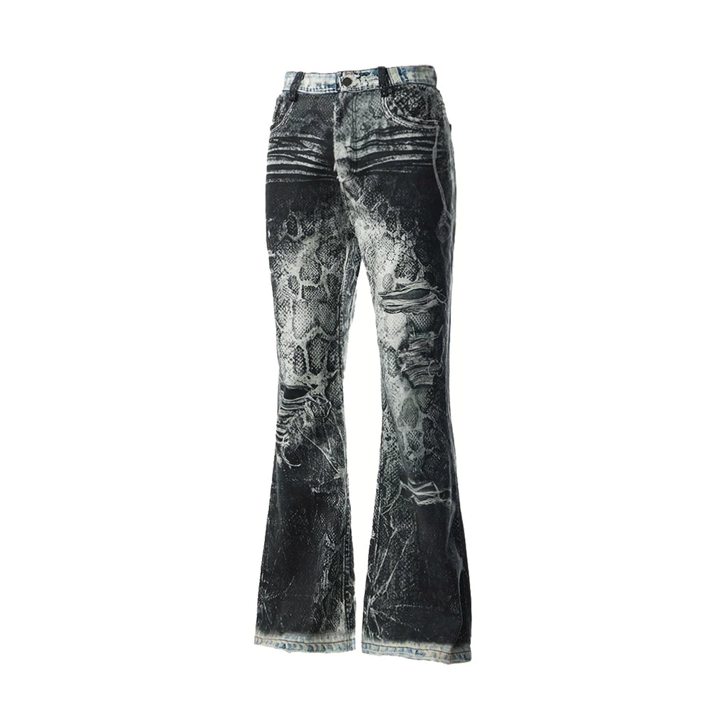 SNAKE PRINT RIPPED DENIM PANTS