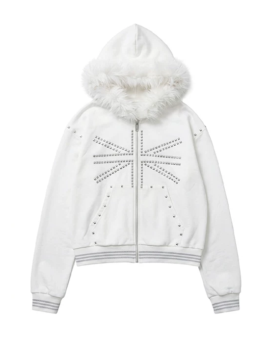 UNION JACK STUDDED FUR TRIM HOODIE 前面