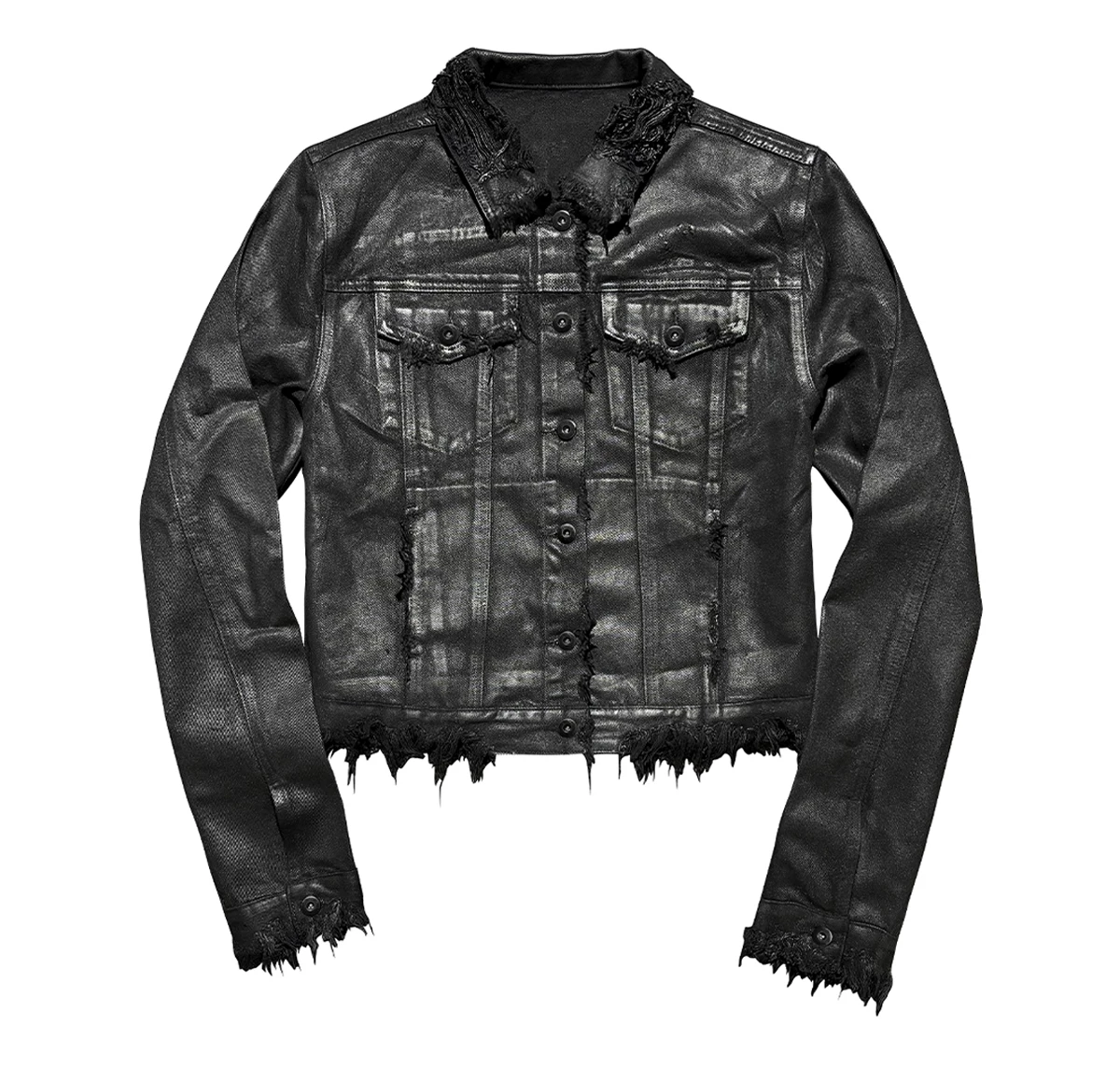 WAXED DISTRESSED CROPPED DENIM JACKET 前面